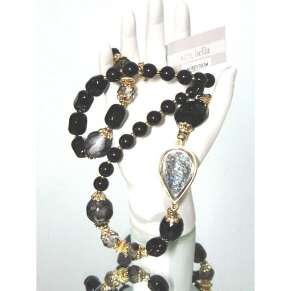 NEW Sara Bella Black Onyx Glass Bead NECKLACE 34" Adj Mother Of Pearl Nordstrom - Picture 3 of 11